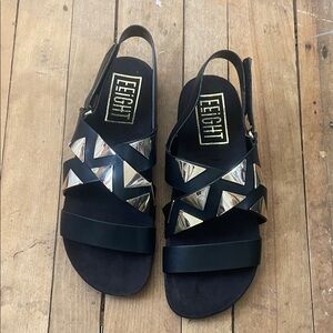 New not leather Black Slingback Sandals with Metallic Triangle Accents